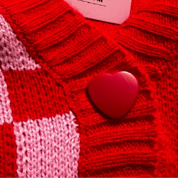 Peanuts Snoopy Valentine's Day Heart Checkerboard Cardigan red pink  NWT medium - Picture 6 of 12